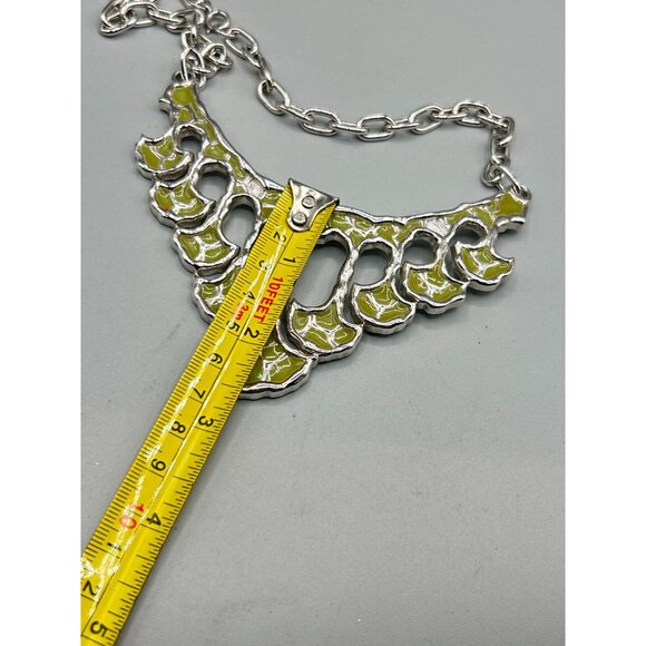 Vintage Signed JOMAZ Necklace Silver Tone & Green Enamel Statement Abstract Bib - Picture 12 of 13